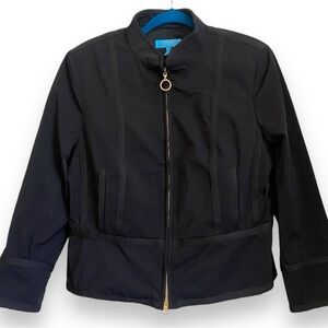 Escada Sport Black Collarless Zip Nylon Peplum Lined Jacket Hip Length